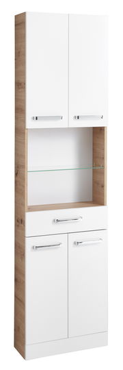 Hochschrank in weiß mit Holzseiten, zwei obere und zwei untere Türen, ein offenes Fach mit Glasboden, Frontansicht.