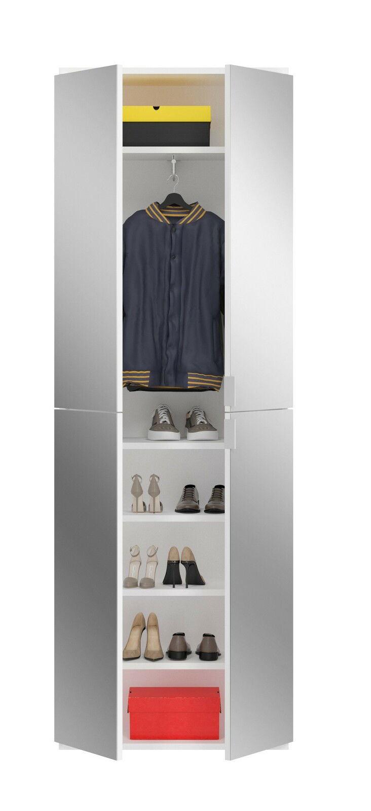 Vorderansicht eines weißen Garderobenschranks mit Spiegel, der eine Jacke, Schuhe und Schachteln enthält.