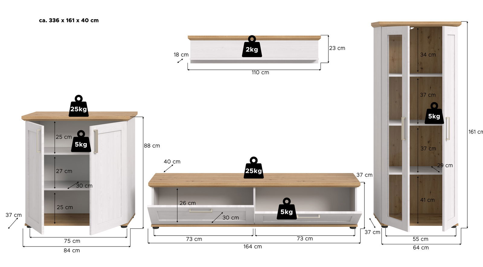 Wohnkombination bestehend aus einem hohen Eckschrank, einem TV-Lowboard und einem Wandregal, alle in weiß mit Holzoberflächen. Perspektive: Frontalansicht.
