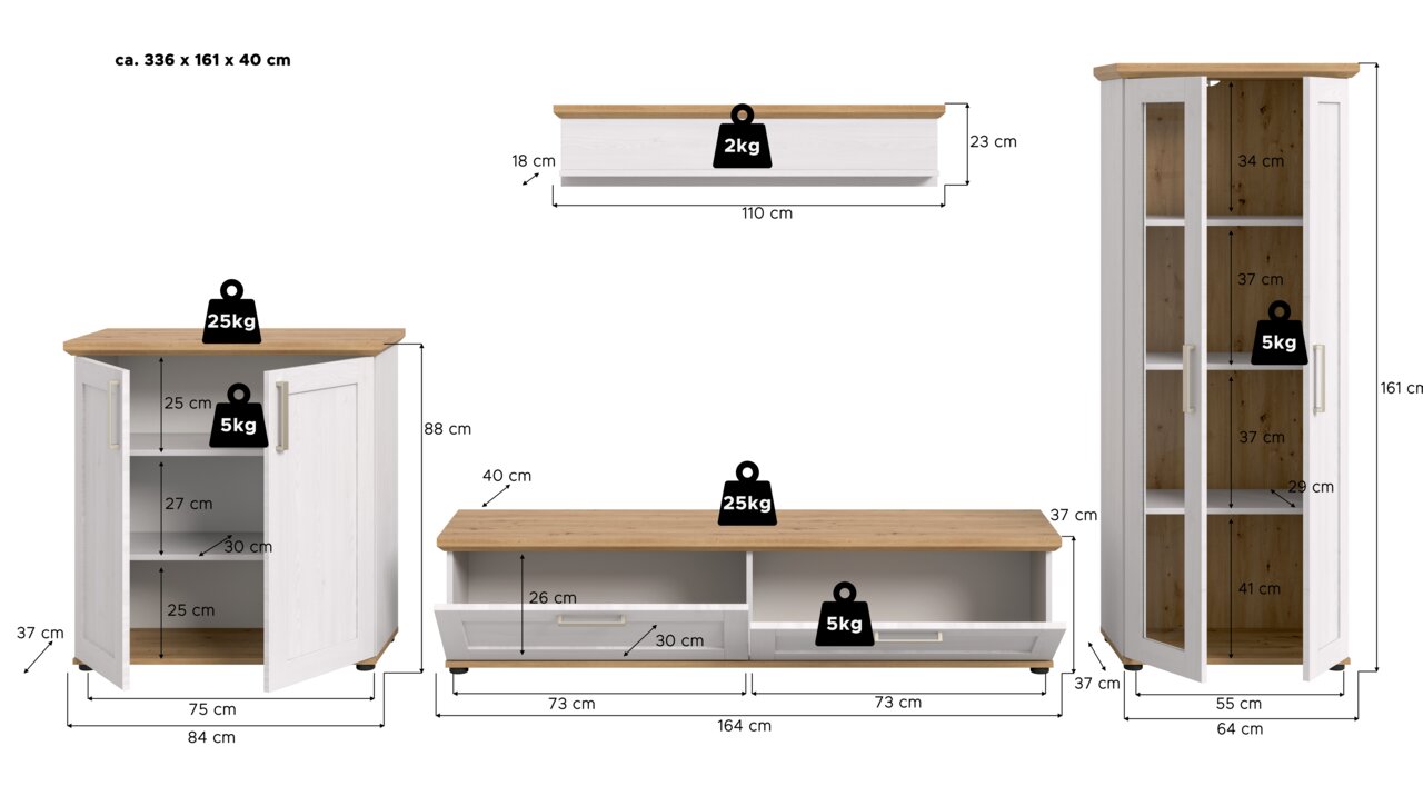 Wohnkombination bestehend aus einem hohen Eckschrank, einem TV-Lowboard und einem Wandregal, alle in weiß mit Holzoberflächen. Perspektive: Frontalansicht.