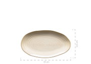 Ovaler Keramikteller in Creme/Beige mit konzentrischem Ringmuster und braunem Rand, Maße ca. 23 x 12,5 cm, Draufsicht auf weißem Hintergrund