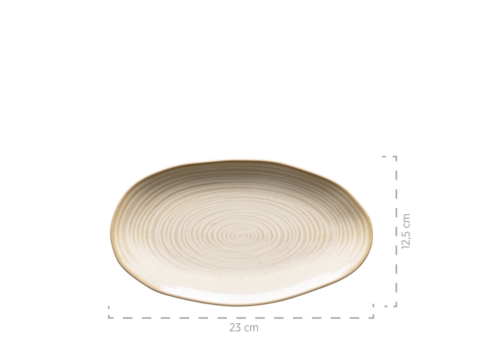 Ovaler Keramikteller in Creme/Beige mit konzentrischem Ringmuster und braunem Rand, Maße ca. 23 x 12,5 cm, Draufsicht auf weißem Hintergrund