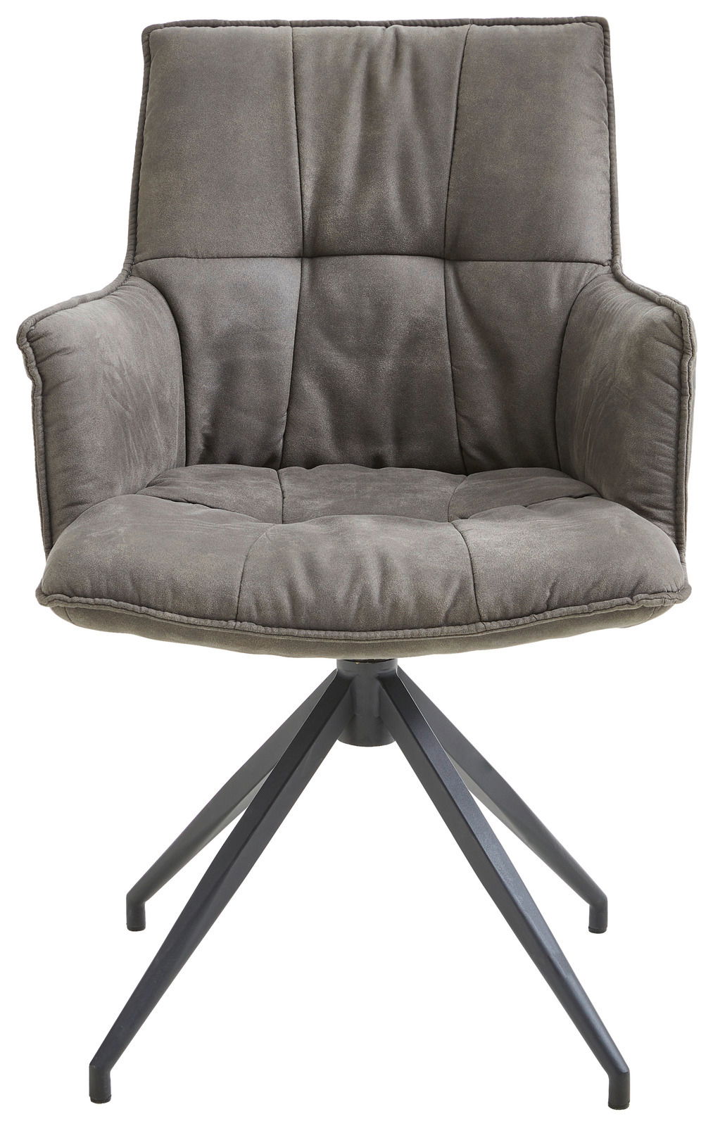 Grauer Sessel Novel OSAKA mit gepolstertem Sitz und Rückenlehne, auf schwarzem Metallgestell, Frontalansicht