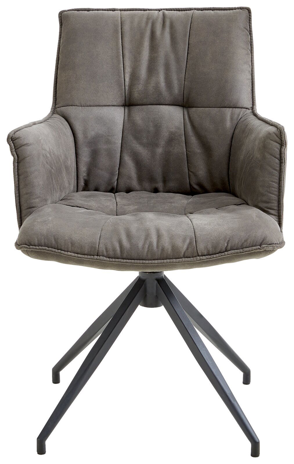 Grauer Sessel Novel OSAKA mit gepolstertem Sitz und Rückenlehne, auf schwarzem Metallgestell, Frontalansicht