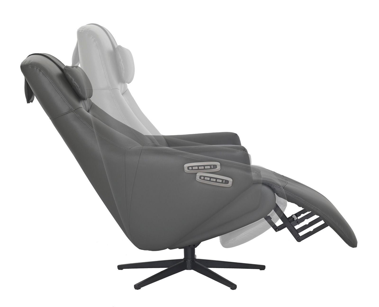 Grauer Relaxsessel in seitlicher Perspektive mit verstellbarer Rückenlehne und Fußstütze.