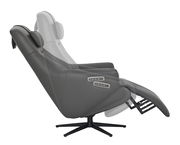 Grauer Relaxsessel in seitlicher Perspektive mit verstellbarer Rückenlehne und Fußstütze.
