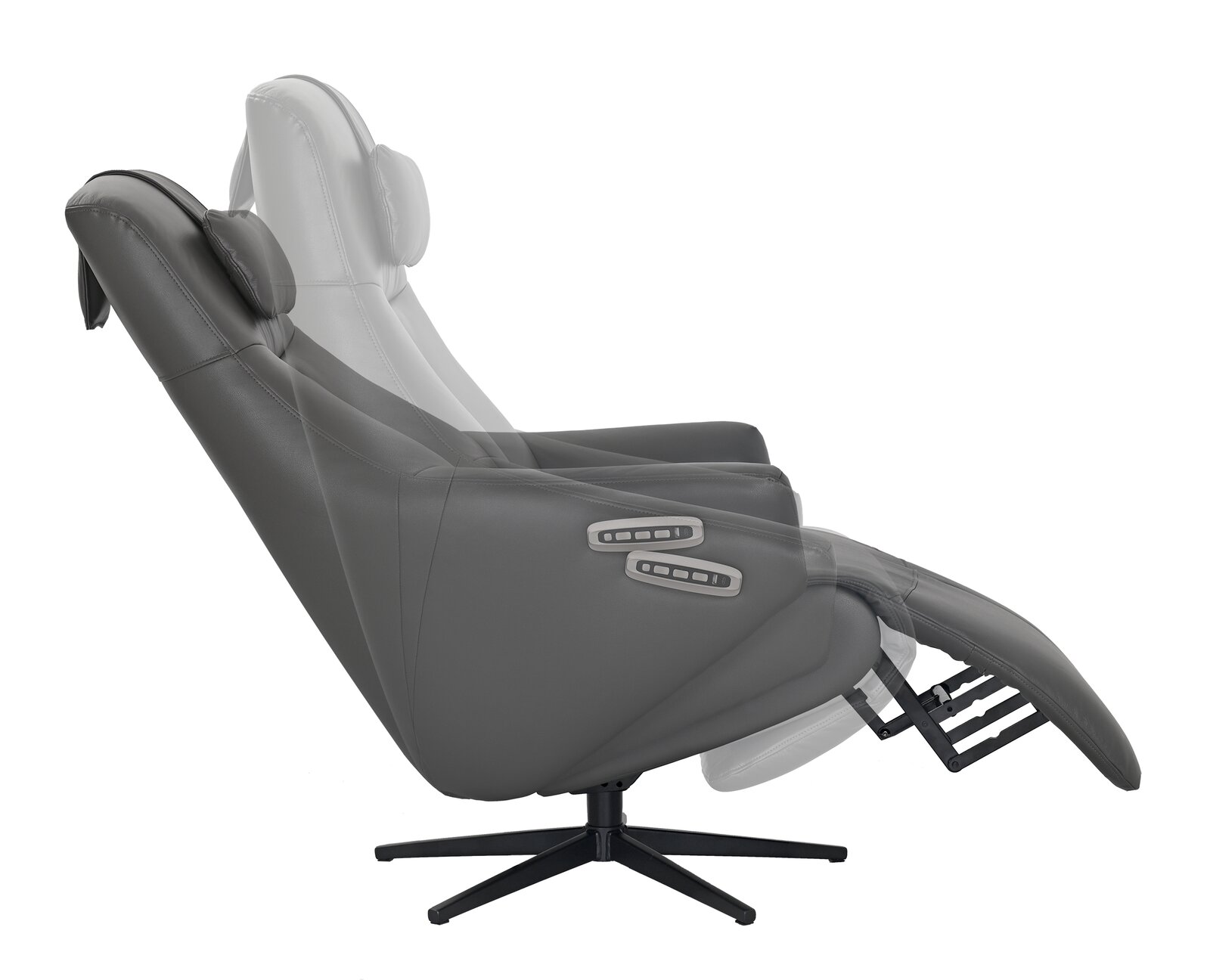 Grauer Relaxsessel in seitlicher Perspektive mit verstellbarer Rückenlehne und Fußstütze.