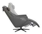 Grijze relaxfauteuil in zijaanzicht met verstelbare rugleuning en voetsteun.