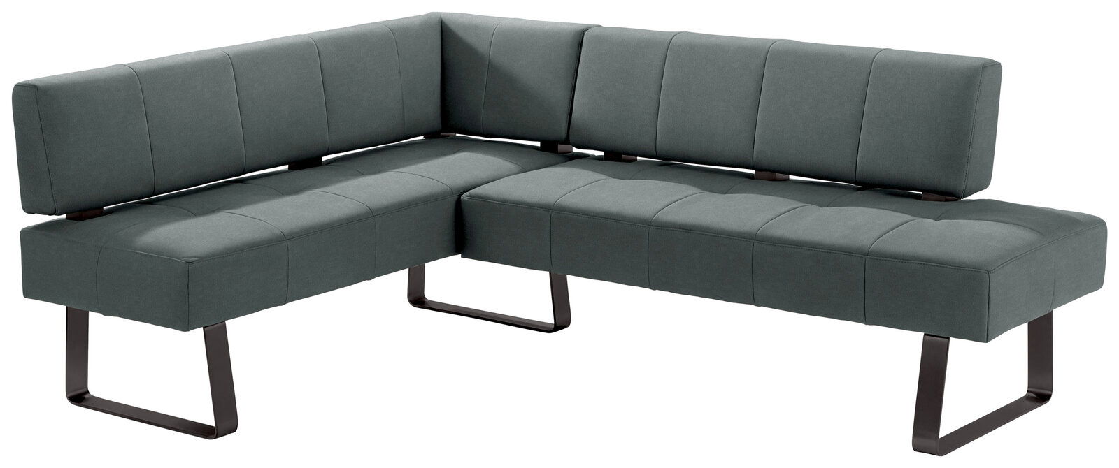 Moderne Eckbank in dunklem Stoffbezug mit Metallbeinen, seitliche Perspektive