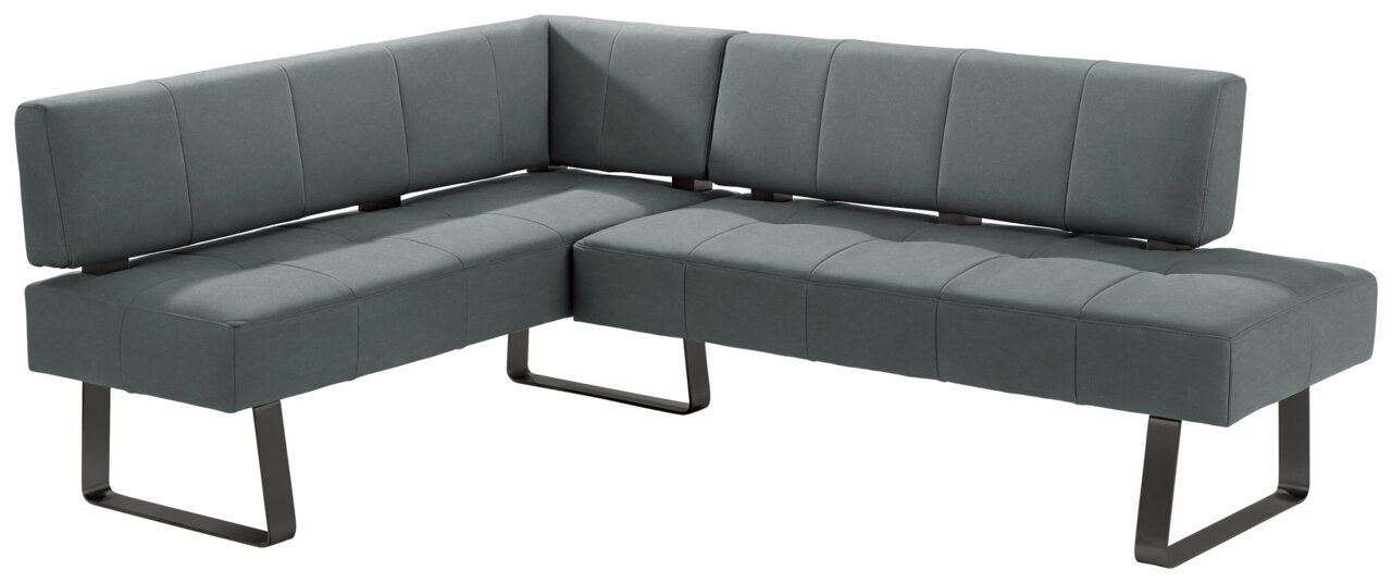Moderne Eckbank in dunklem Stoffbezug mit Metallbeinen, seitliche Perspektive