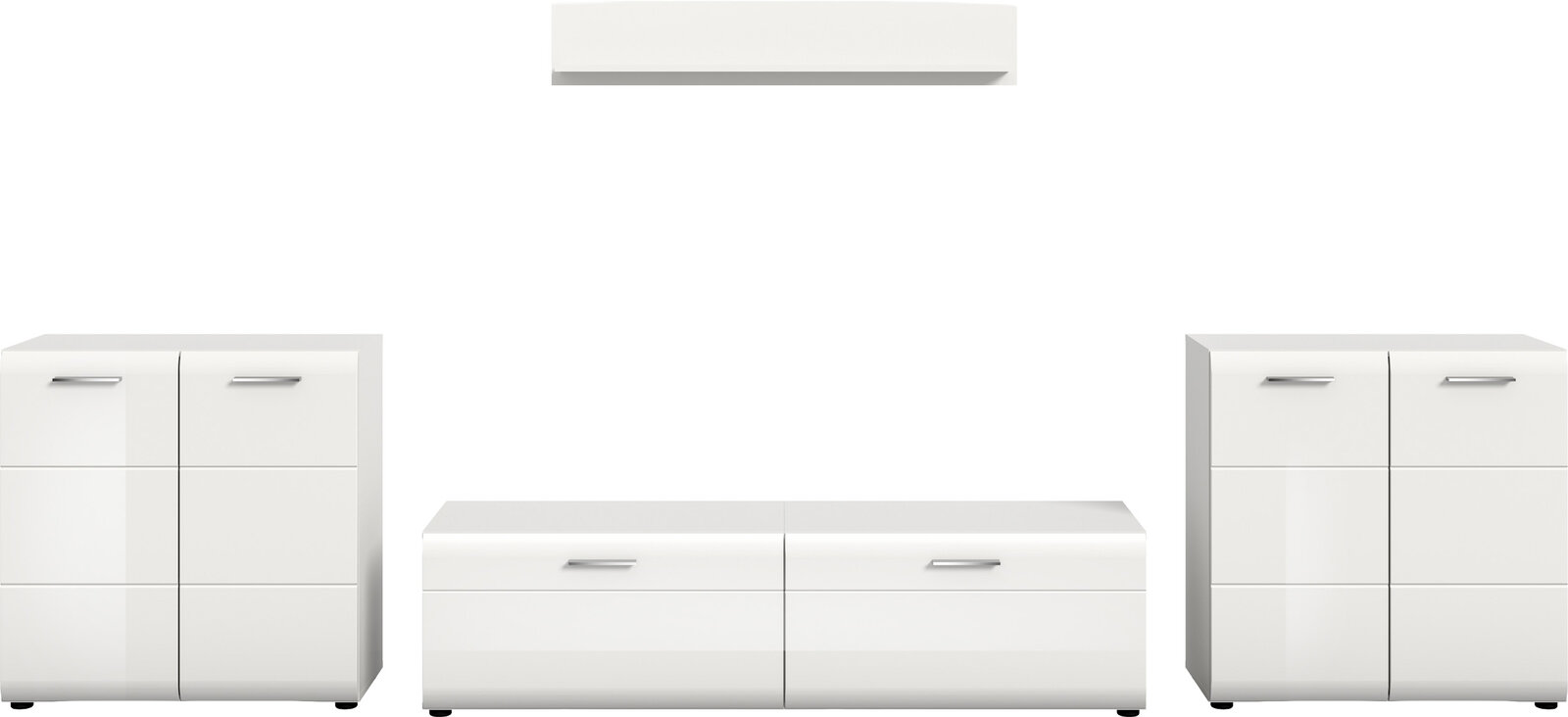 Weißes, modernes Möbel-Set mit zwei hohen Sideboards links und rechts, niedrigem TV-Lowboard in der Mitte und Wandboard oben, Frontansicht mit leichter Schrägperspektive, glänzende Fronten und silberne Griffe.