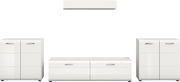 Weißes, modernes Möbel-Set mit zwei hohen Sideboards links und rechts, niedrigem TV-Lowboard in der Mitte und Wandboard oben, Frontansicht mit leichter Schrägperspektive, glänzende Fronten und silberne Griffe.