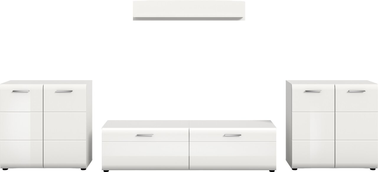 Weißes, modernes Möbel-Set mit zwei hohen Sideboards links und rechts, niedrigem TV-Lowboard in der Mitte und Wandboard oben, Frontansicht mit leichter Schrägperspektive, glänzende Fronten und silberne Griffe.