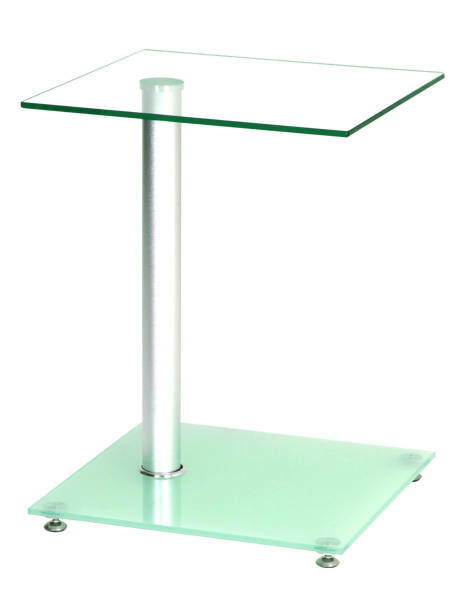 Moderner Beistelltisch aus Glas mit Metallfuß, seitliche Perspektive