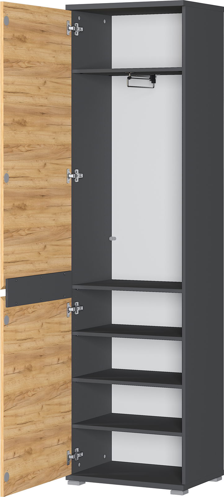 Offener XL-Schuh- und Garderobenschrank mit Holztüren und grauen Regalböden, seitliche Perspektive