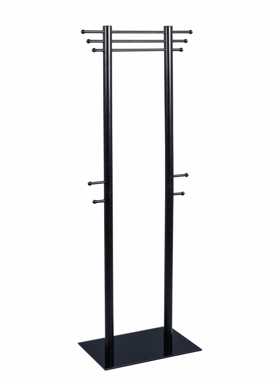 Schwarzer Kleiderständer aus Metall mit mehreren Haken, frontal abgebildet.