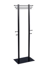 Schwarzer Kleiderständer aus Metall mit mehreren Haken, frontal abgebildet.