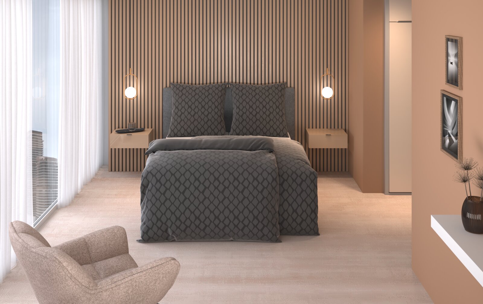 Dieter Knoll Wendebettwäsche Elegante Wendebettwäsche in einem modernen Schlafzimmer, frontal betrachtet, mit geometrischem Muster in dunklen Tönen.