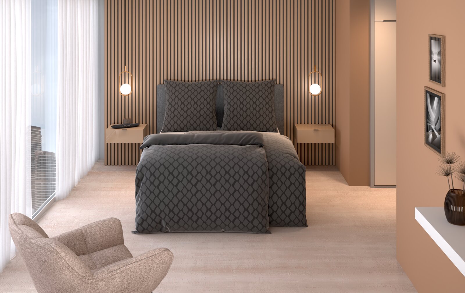 Dieter Knoll Satin Wendebettwäsche 135/200cm Elegante Wendebettwäsche in einem modernen Schlafzimmer, frontal betrachtet, mit geometrischem Muster in dunklen Tönen.