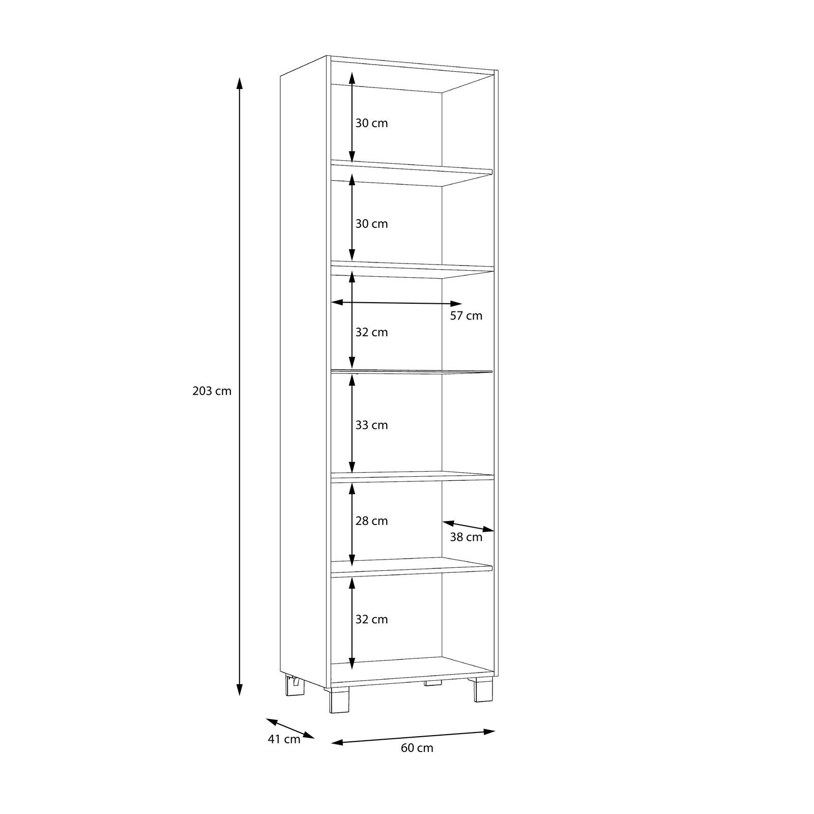 Vitrine mit fünf Regalböden, Gesamtmaße 203 cm Höhe, 60 cm Breite, 41 cm Tiefe, seitliche Perspektive