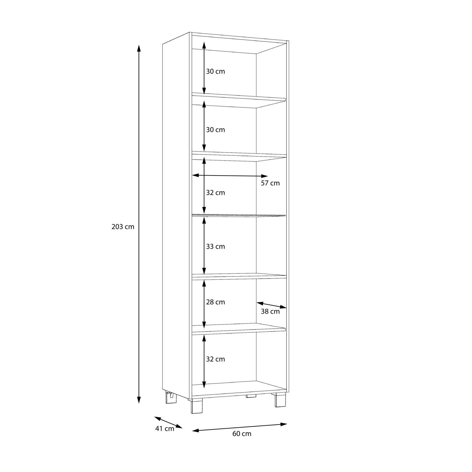 Vitrine mit fünf Regalböden, Gesamtmaße 203 cm Höhe, 60 cm Breite, 41 cm Tiefe, seitliche Perspektive