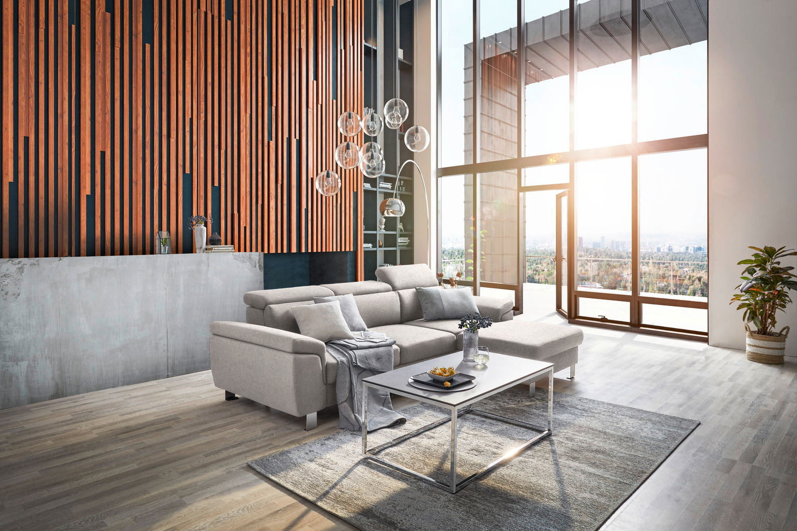 Moderne Rundecke in einem hellen Wohnzimmer mit großen Fenstern, die einen Blick auf die Stadt bieten. Die Perspektive zeigt die Rundecke von vorne, mit einem Couchtisch und Dekorationen im Vordergrund.