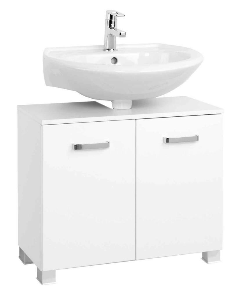 Moderner weißer Waschbeckenunterschrank mit zwei Türen und integriertem Waschbecken, Frontalansicht