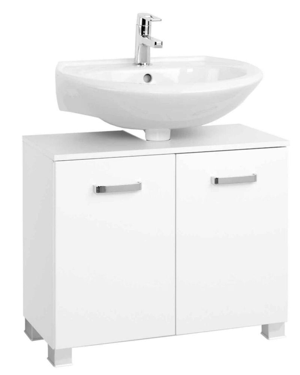 XORA Waschbeckenunterschrank BOLOGNA Moderner weißer Waschbeckenunterschrank mit zwei Türen und integriertem Waschbecken, Frontalansicht