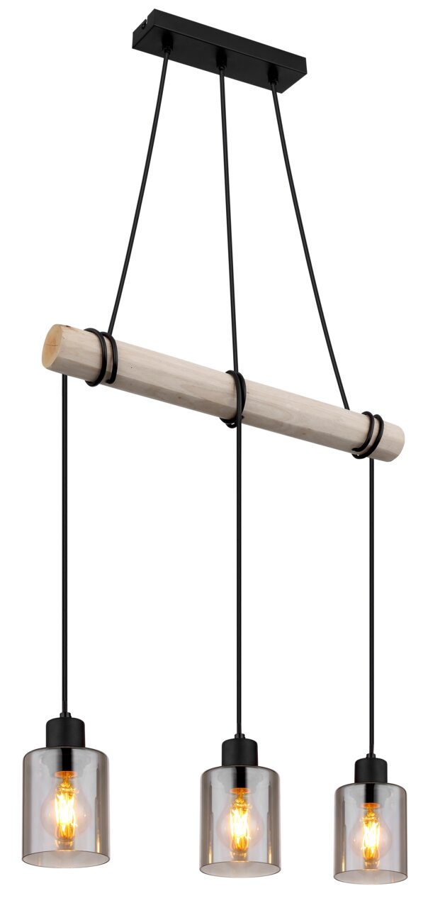 Globo Lighting Hängeleuchte HADERA Moderne Hängeleuchte mit drei Glühbirnen, hängend an einem Holzstab, aus seitlicher Perspektive