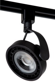 Schwarzer Strahler DORIAN TRACK von Lucide, Nahaufnahme von unten mit sichtbarem Leuchtmittel und Halterung.