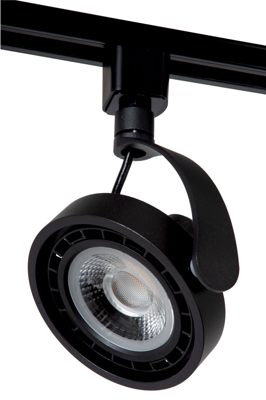 Schwarzer Strahler DORIAN TRACK von Lucide, Nahaufnahme von unten mit sichtbarem Leuchtmittel und Halterung.