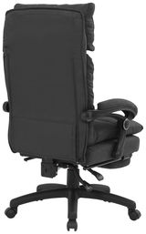 Rückansicht eines schwarzen Chefsessels mit gepolsterter Rückenlehne und Armlehnen.