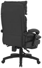 Rückansicht eines schwarzen Chefsessels mit gepolsterter Rückenlehne und Armlehnen.