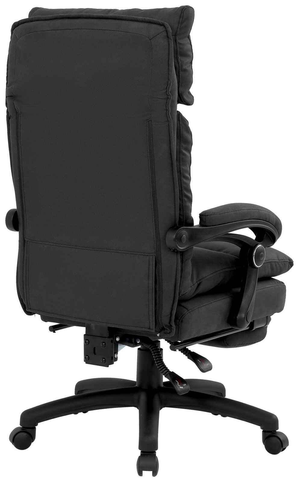 Rückansicht eines schwarzen Chefsessels mit gepolsterter Rückenlehne und Armlehnen.