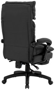 Rückansicht eines schwarzen Chefsessels mit gepolsterter Rückenlehne und Armlehnen.