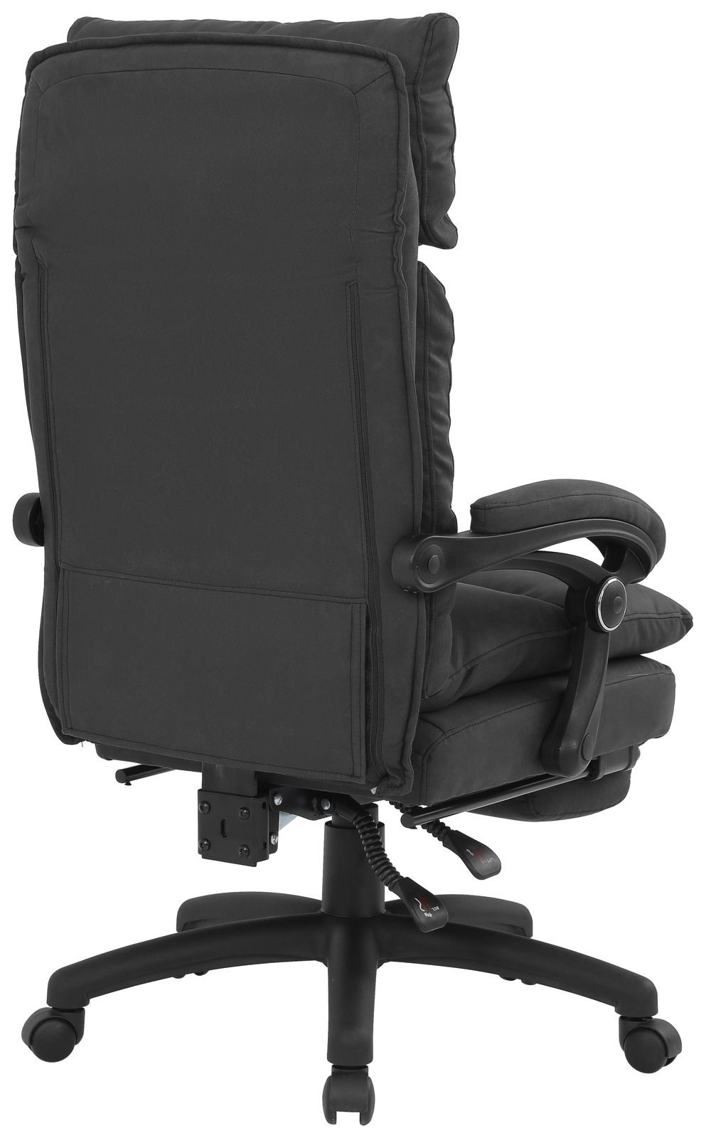Rückansicht eines schwarzen Chefsessels mit gepolsterter Rückenlehne und Armlehnen.