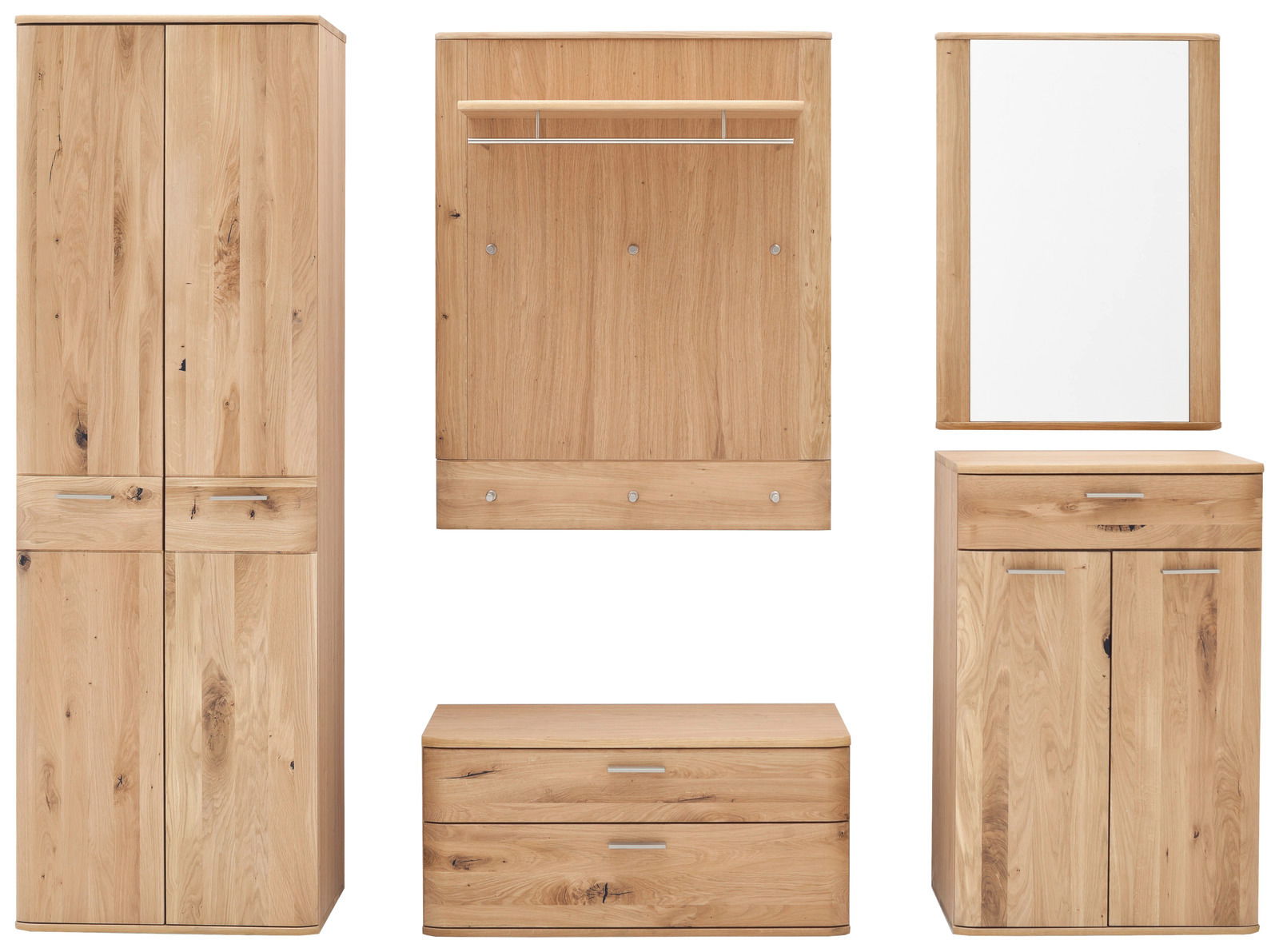 Garderobenkombination aus Holz, bestehend aus einem hohen Schrank, einer Wandgarderobe mit Haken und Ablage, einem Spiegel, einem Schuhschrank und einer Kommode. Frontalansicht.