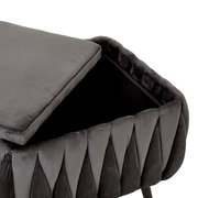 Grauer Hocker mit Stauraum, seitliche Perspektive