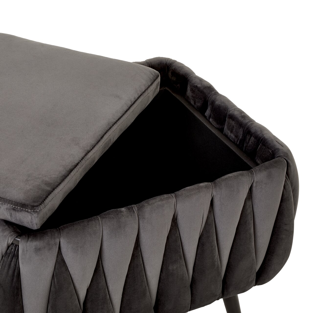 Grauer Hocker mit Stauraum, seitliche Perspektive