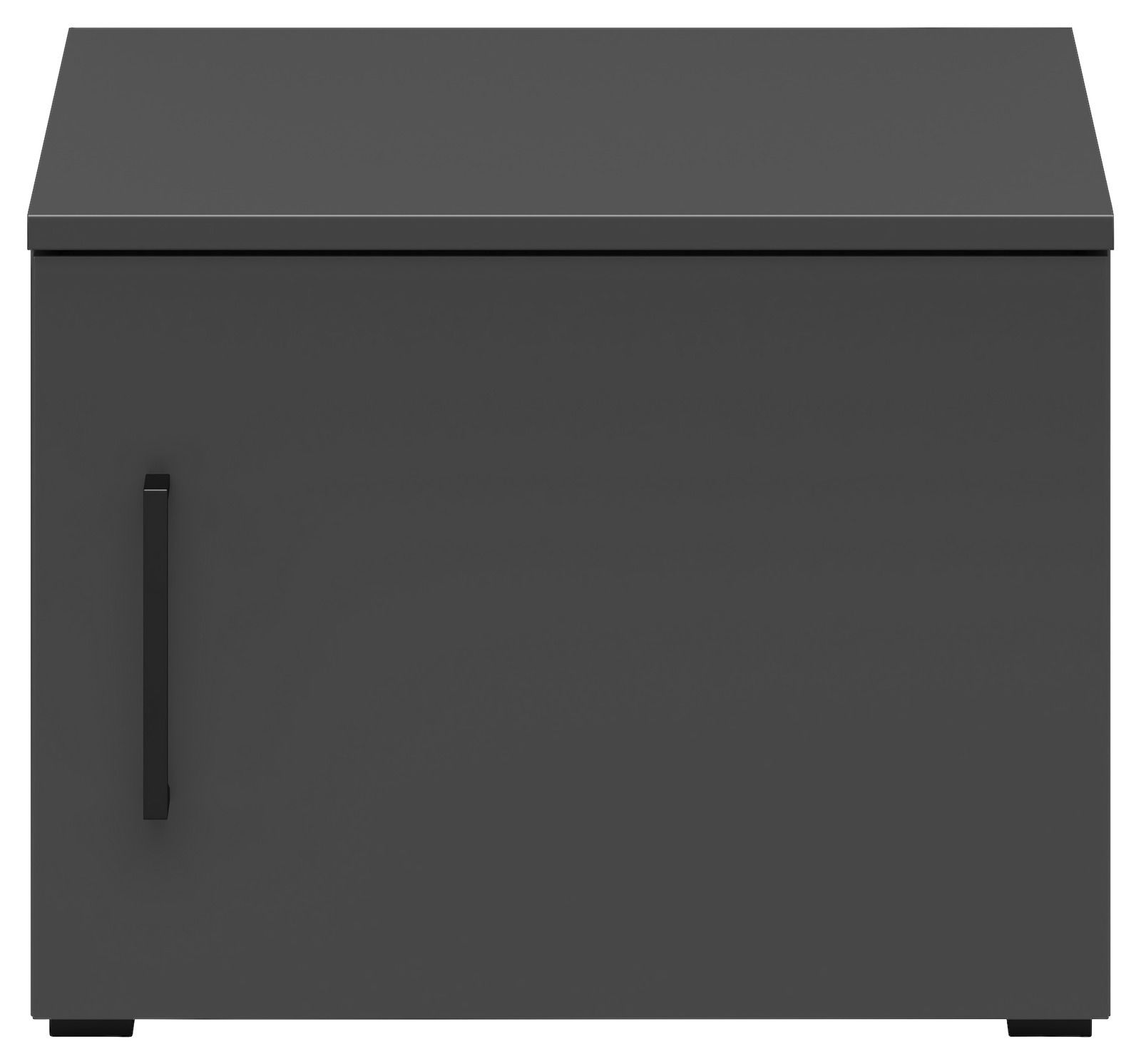 Grauer Aufsatzschrank mit einer Tür und schwarzem Griff, Frontalansicht