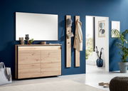 Moderne Garderobeneinrichtung mit Holzkommode und Spiegel, seitliche Perspektive
