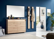 Moderne Garderobeneinrichtung mit Holzkommode und Spiegel, seitliche Perspektive