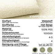 Stoffdetail eines hellbeigen Webstoffs (100% PES) mit grober Struktur; Draufsicht/Detailaufnahme mit eingeblendeten Material- und Pflegeangaben (100.000 Scheuertouren, Abriebfestigkeit 4–5, Pilling 4, OEKO-TEX Standard 100, REACH conform, Easy Clean).