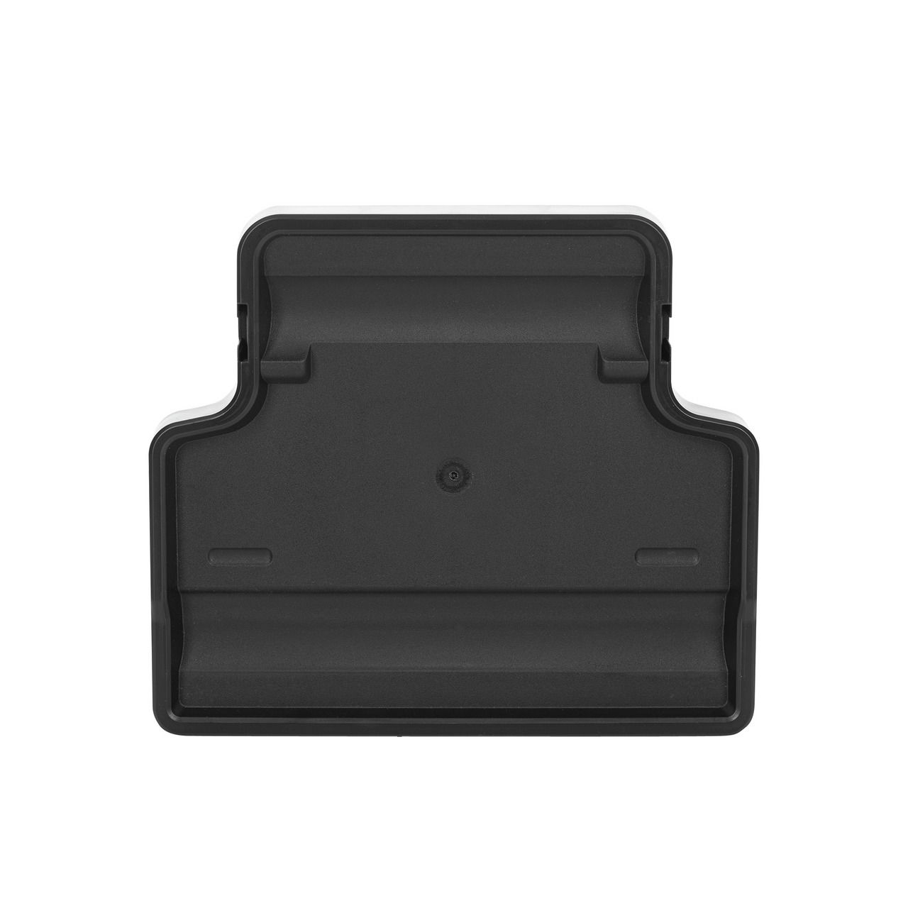 Rückansicht eines schwarzen Kunststoffteils, vermutlich Teil eines Reinigungsgeräts, mit rechteckiger Form und abgerundeten Ecken.