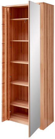 Garderobenkombination aus Holz mit mehreren Regalböden und einer Spiegeltür, Perspektive von vorne rechts