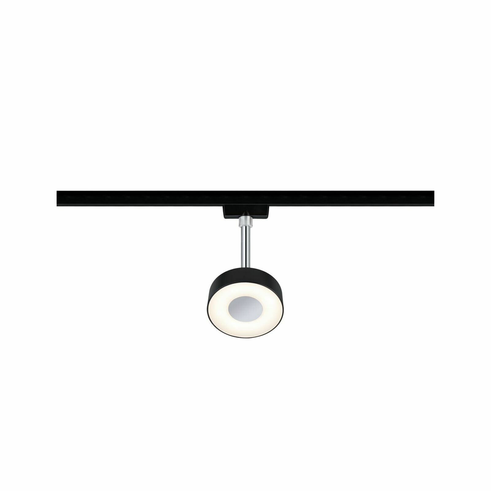 Schienenspot Circle in schwarzer Farbe, von vorne betrachtet, mit rundem Leuchtkopf und modernem Design.