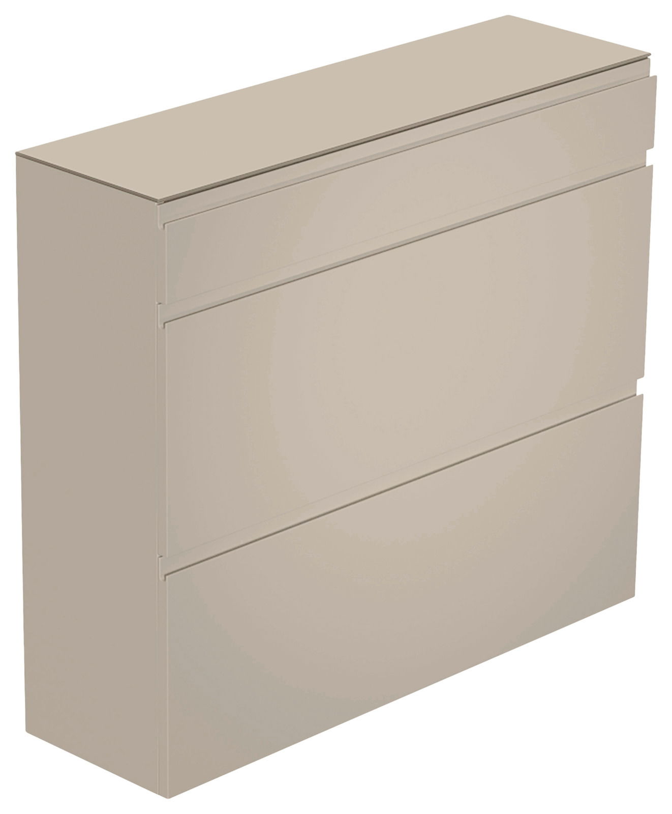 Beigefarbener Hängeschuhschrank mit drei Klappen, seitliche Perspektive