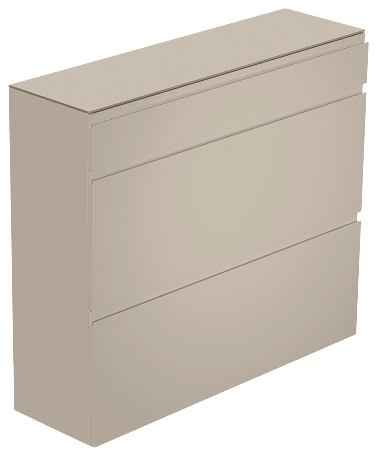 Beigefarbener Hängeschuhschrank mit drei Klappen, seitliche Perspektive