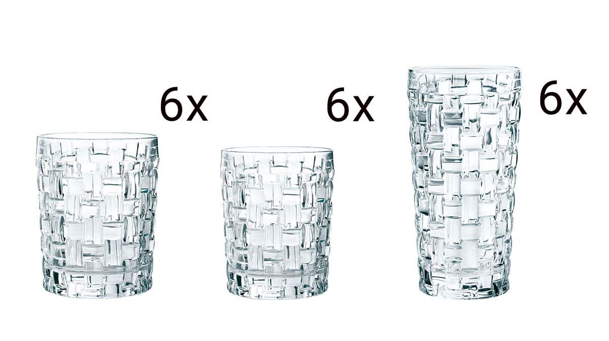 Drei verschiedene Größen von Bossa Nova Gläsern, jeweils sechsmal vorhanden, aus der Vorderansicht.