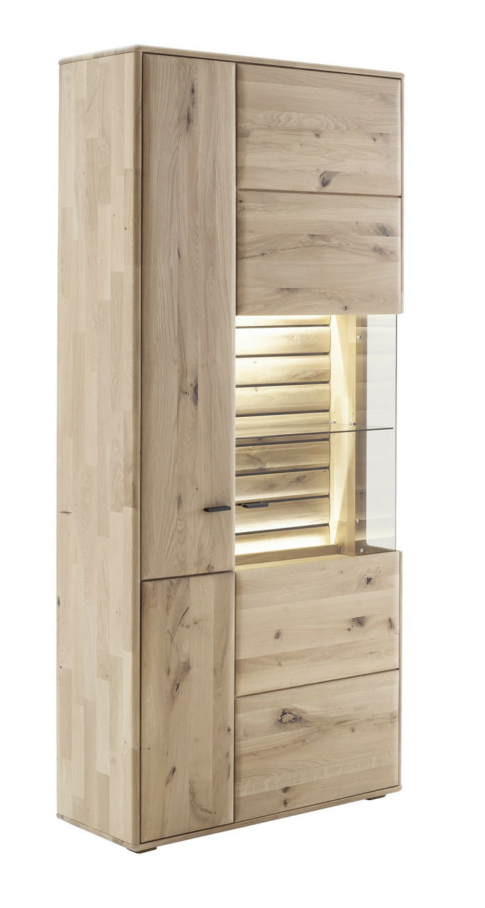 Linea Natura Kombi-Vitrine GEORGIA Kombi-Vitrine aus hellem Holz mit Glaselementen, seitliche Perspektive